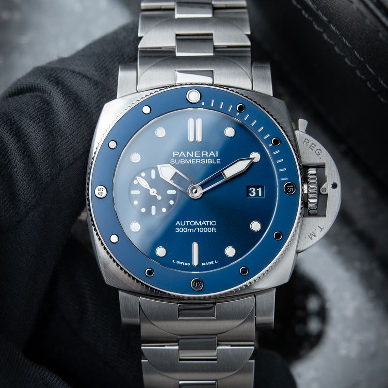 Panerai Submersible Blu Notte Blue Ceramic Bezel Steel Bracelet PAM1068