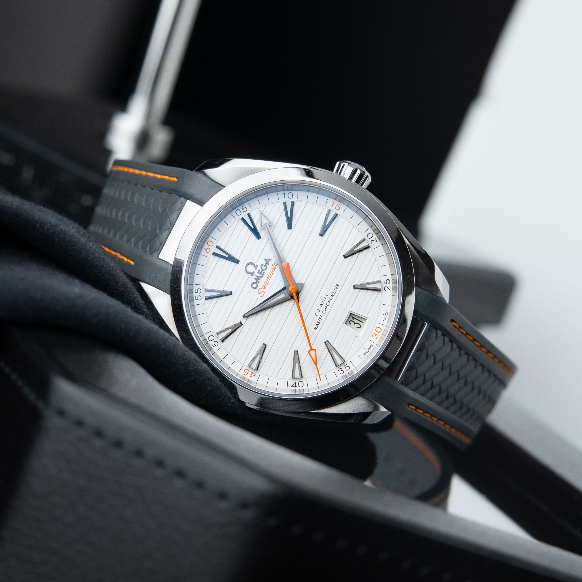 Omega Seamaster Aqua Terra 150M White Dial Orange Accents Grey Strap Steel