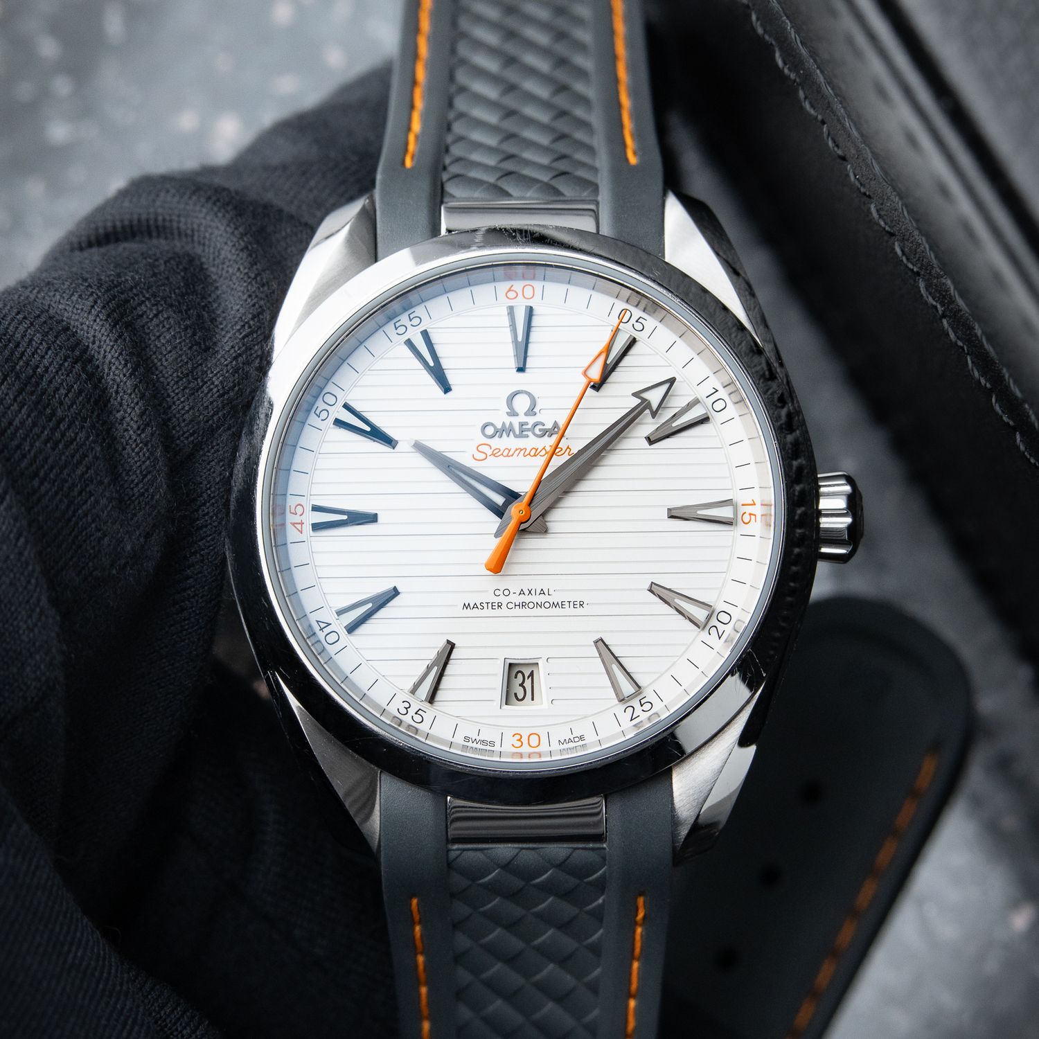 Omega Seamaster Aqua Terra 150M White Dial Orange Accents Grey Strap Steel