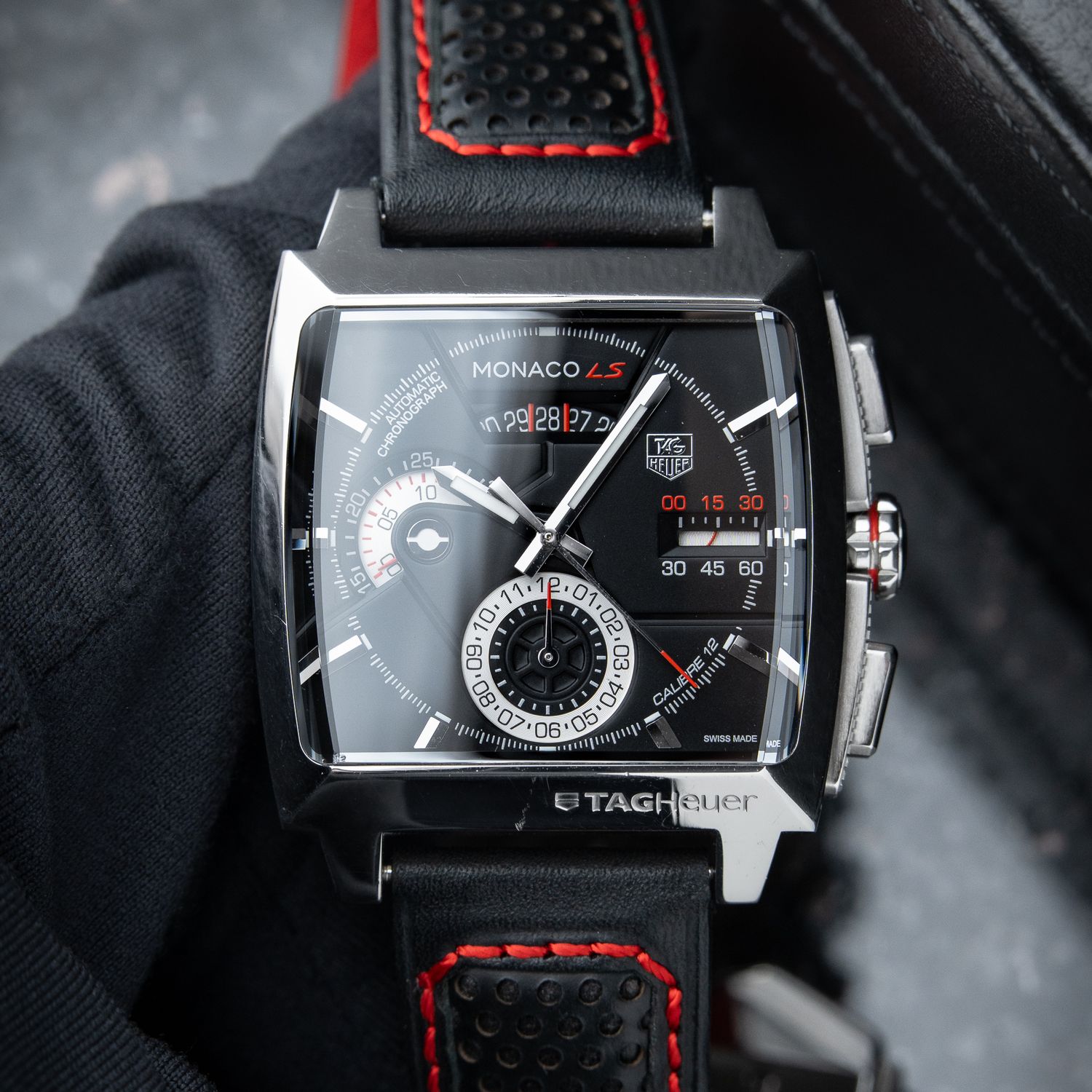TAG Heuer Monaco LS Linear System Chronograph Black Red Dial Steel Leather