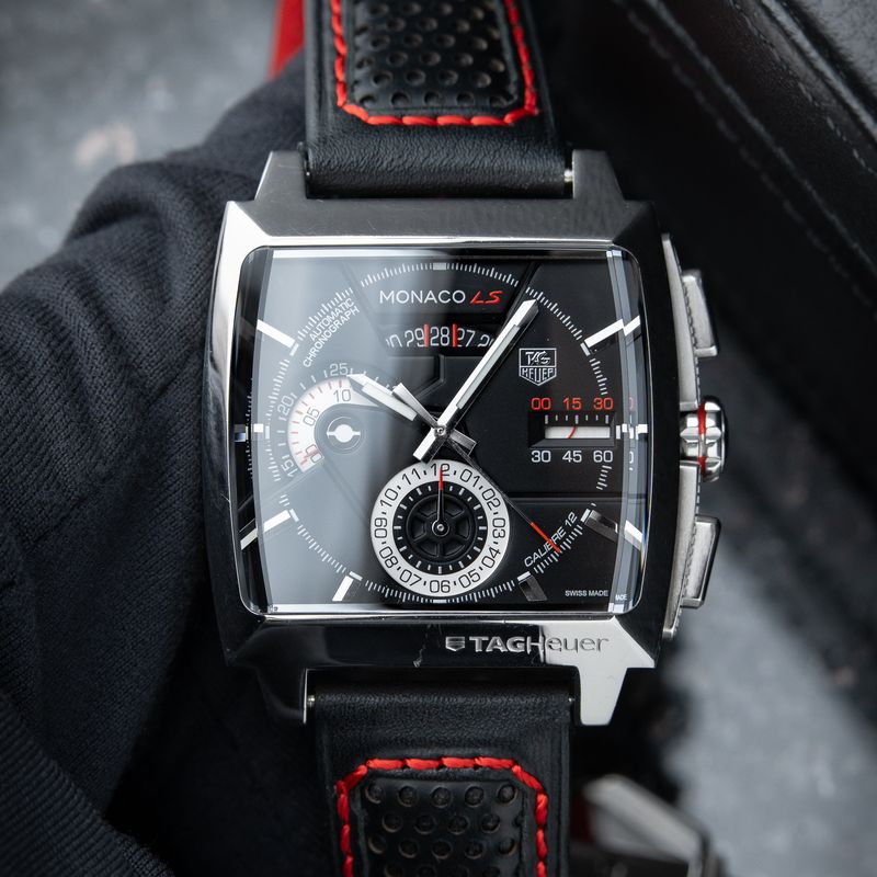 TAG Heuer Monaco LS Linear System Chronograph Black Red Dial Steel Leather
