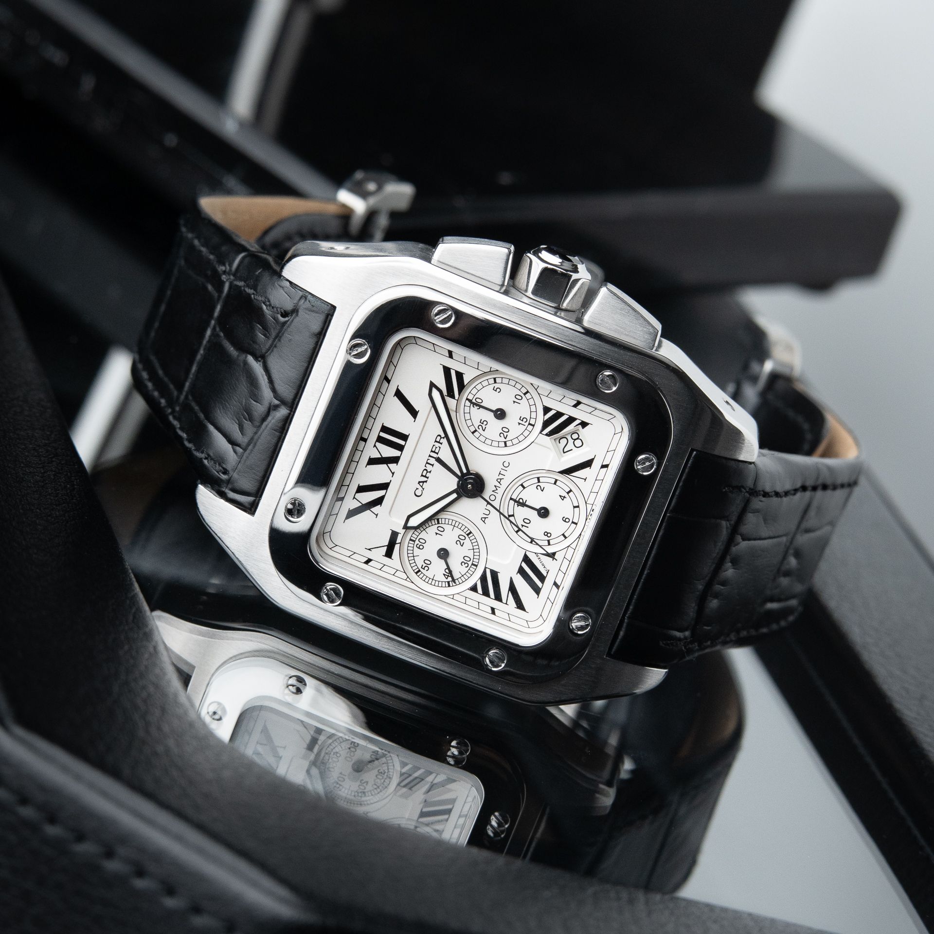 Cartier Santos 100 XL Chronograph Steel Date White Black Leather 2740 41mm