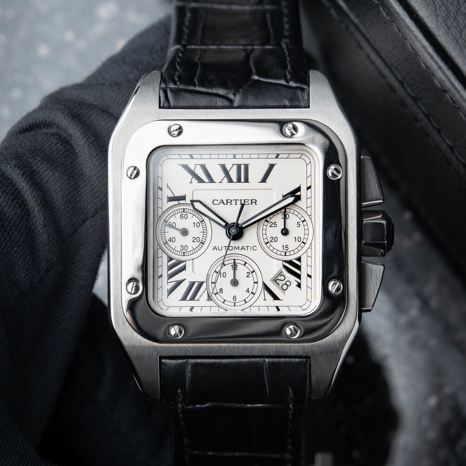 Cartier Santos 100 XL Chronograph Steel Date White Black Leather 2740 41mm