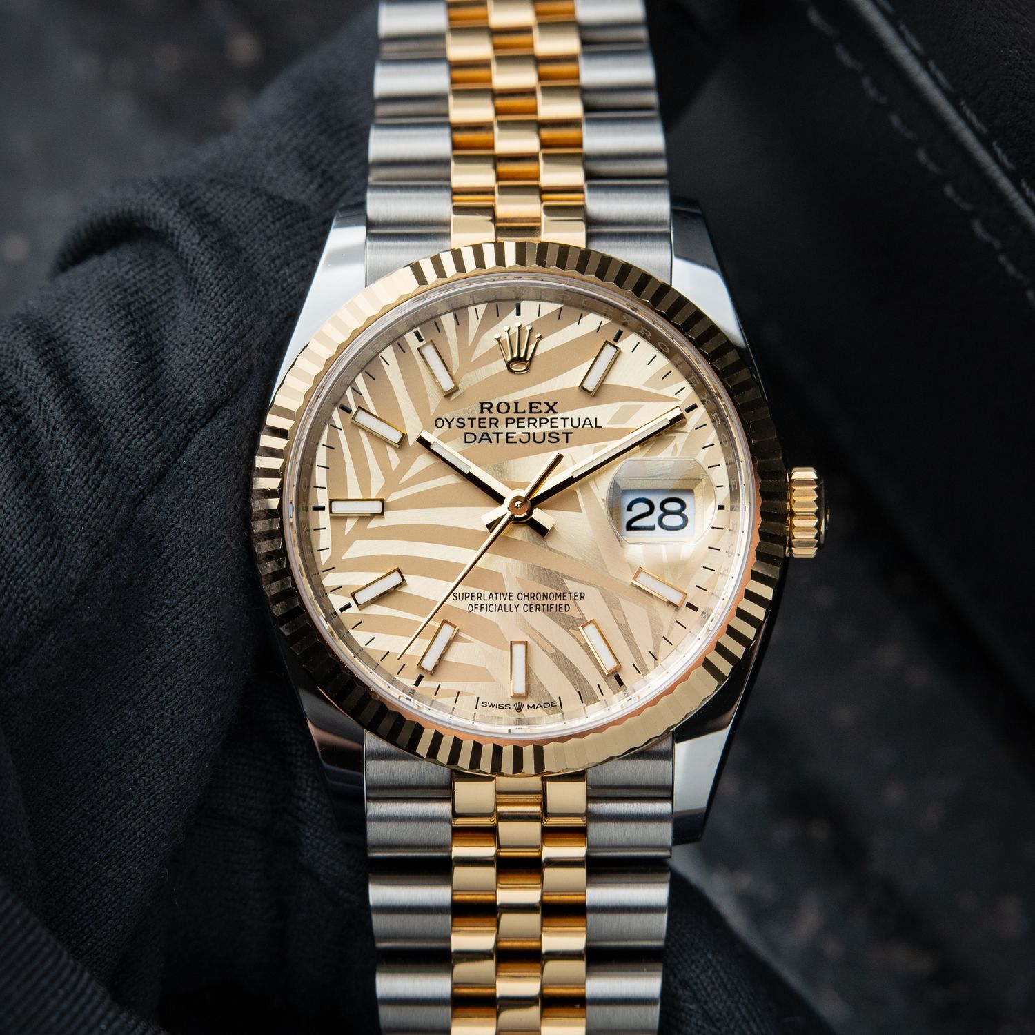 Rolex Datejust 36 Palm Motif Dial Fluted Two Tone Yellow Gold Jubilee Set
