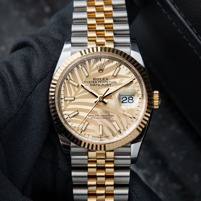 Rolex Datejust 36 Palm Motif Dial Fluted Two Tone Yellow Gold Jubilee Set
