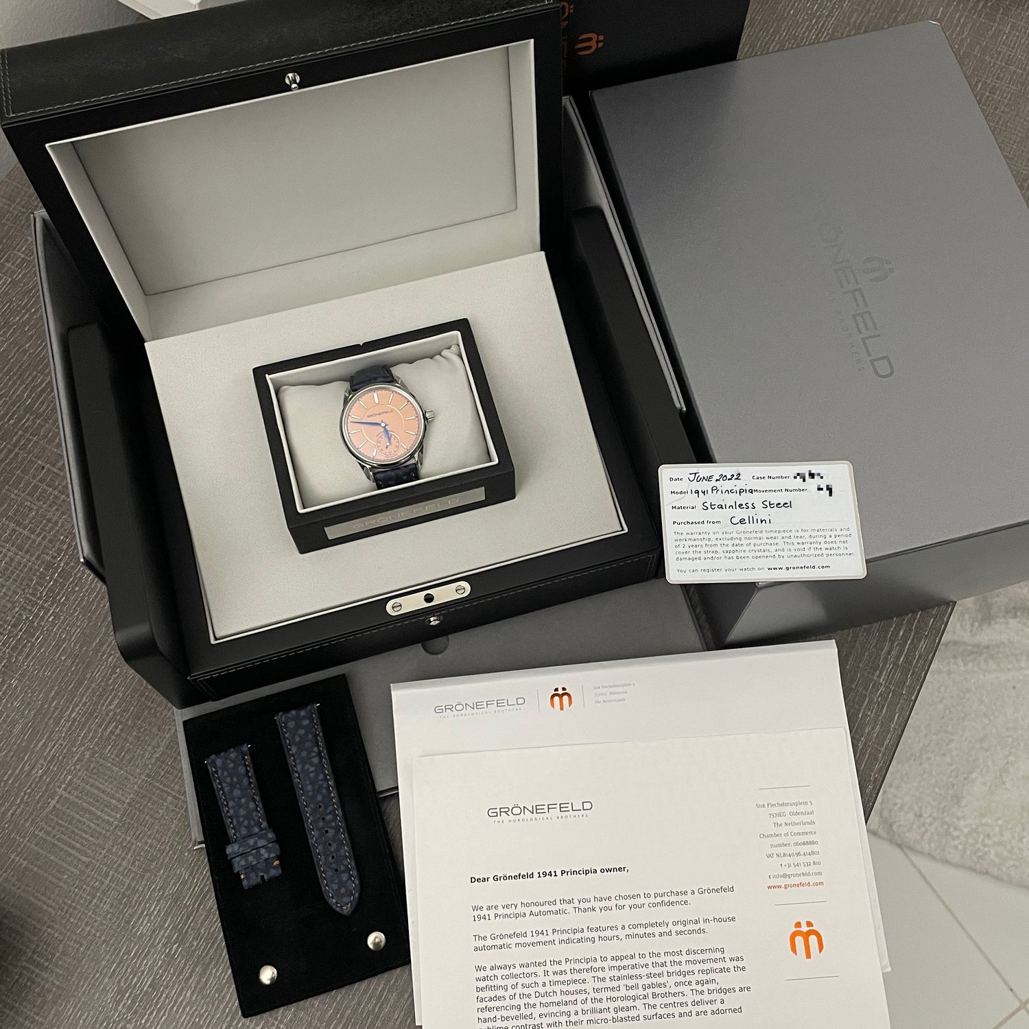 Gronefeld 1941 Principia Automatic Salmon Dial Steel Blue Leather 39.5