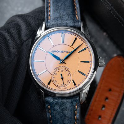 Gronefeld 1941 Principia Automatic Salmon Dial Steel Blue Leather 39.5