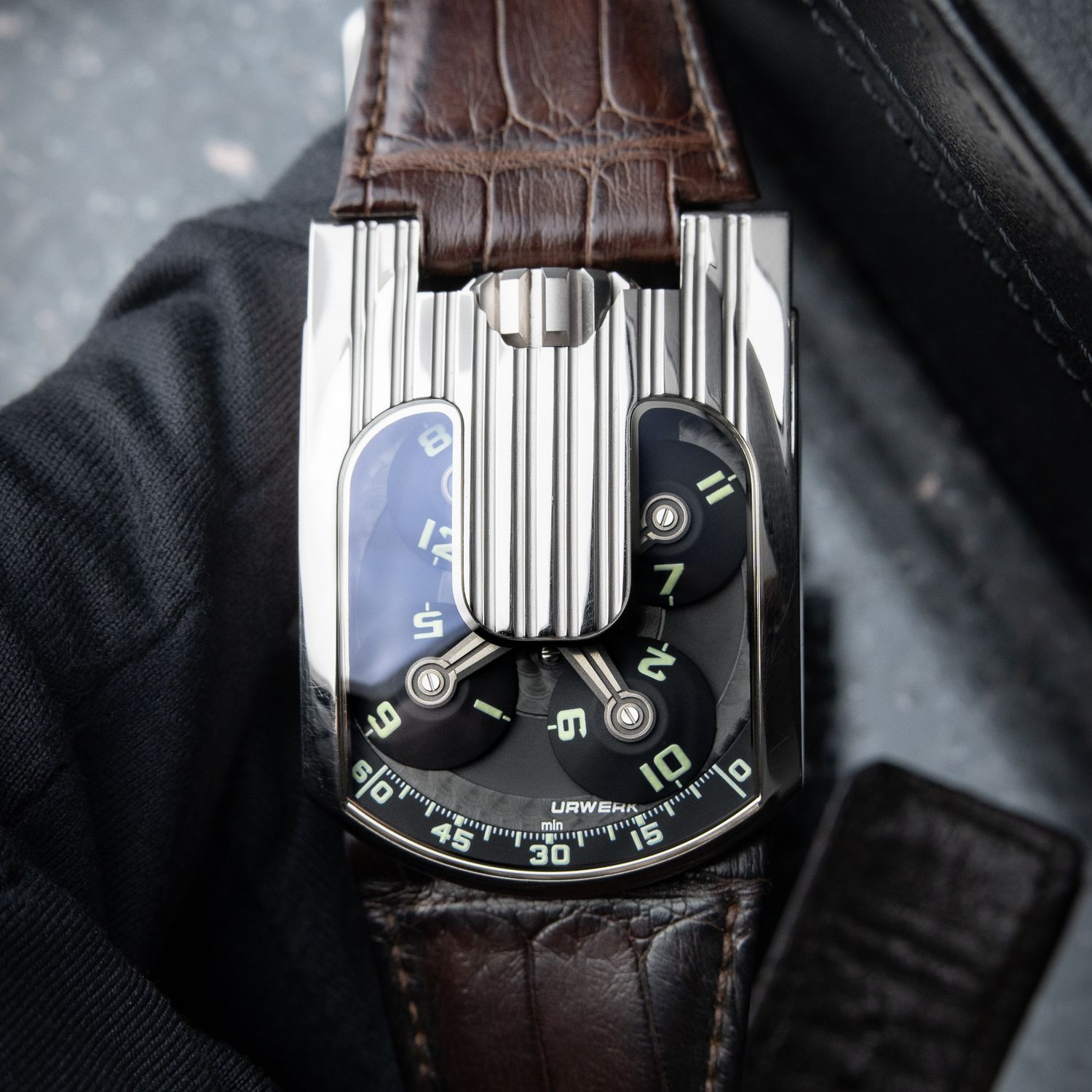URWERK 103.09 RARE White Gold 36mm x 50mm Black Dial Brown Leather