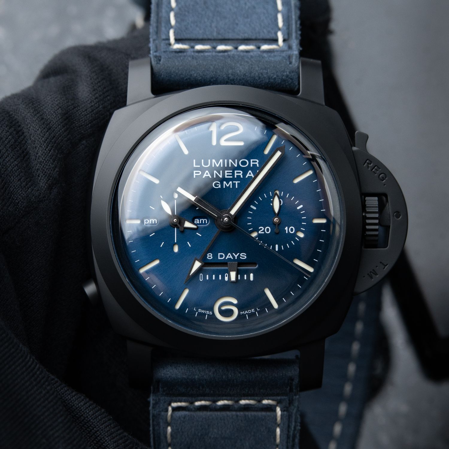 Panerai Luminor Chrono Monopulsante GMT 8 Days Giorni Blu Notte Ceramic PAM1135 44