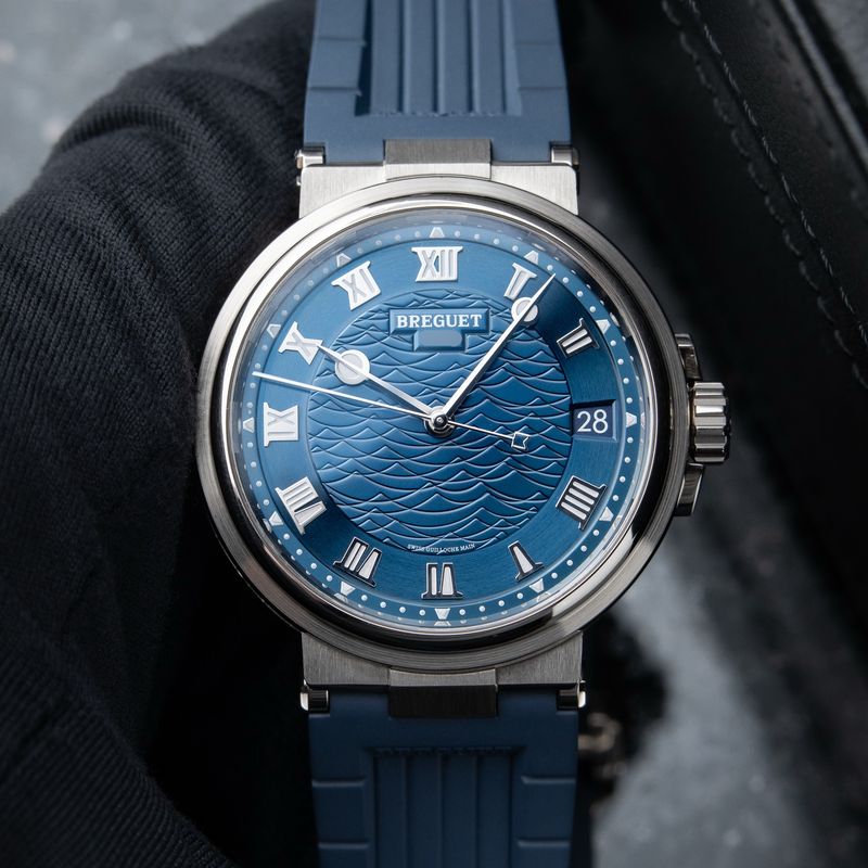 Breguet Marine 5517BB White Gold Blue Dial Date Rubber Leather Automatic 40mm