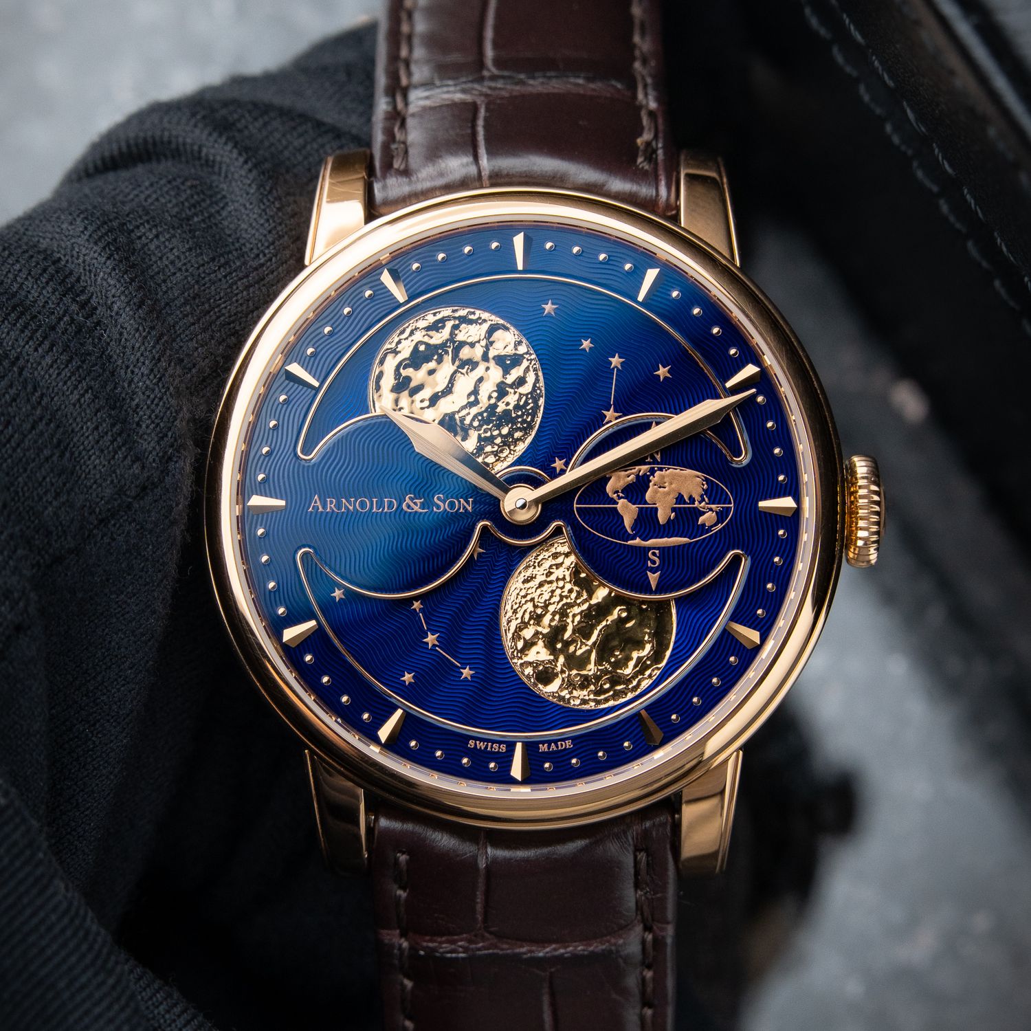 Arnold & Son HM Double Hemisphere Perpetual Moon Rose Gold Blue Guilloche