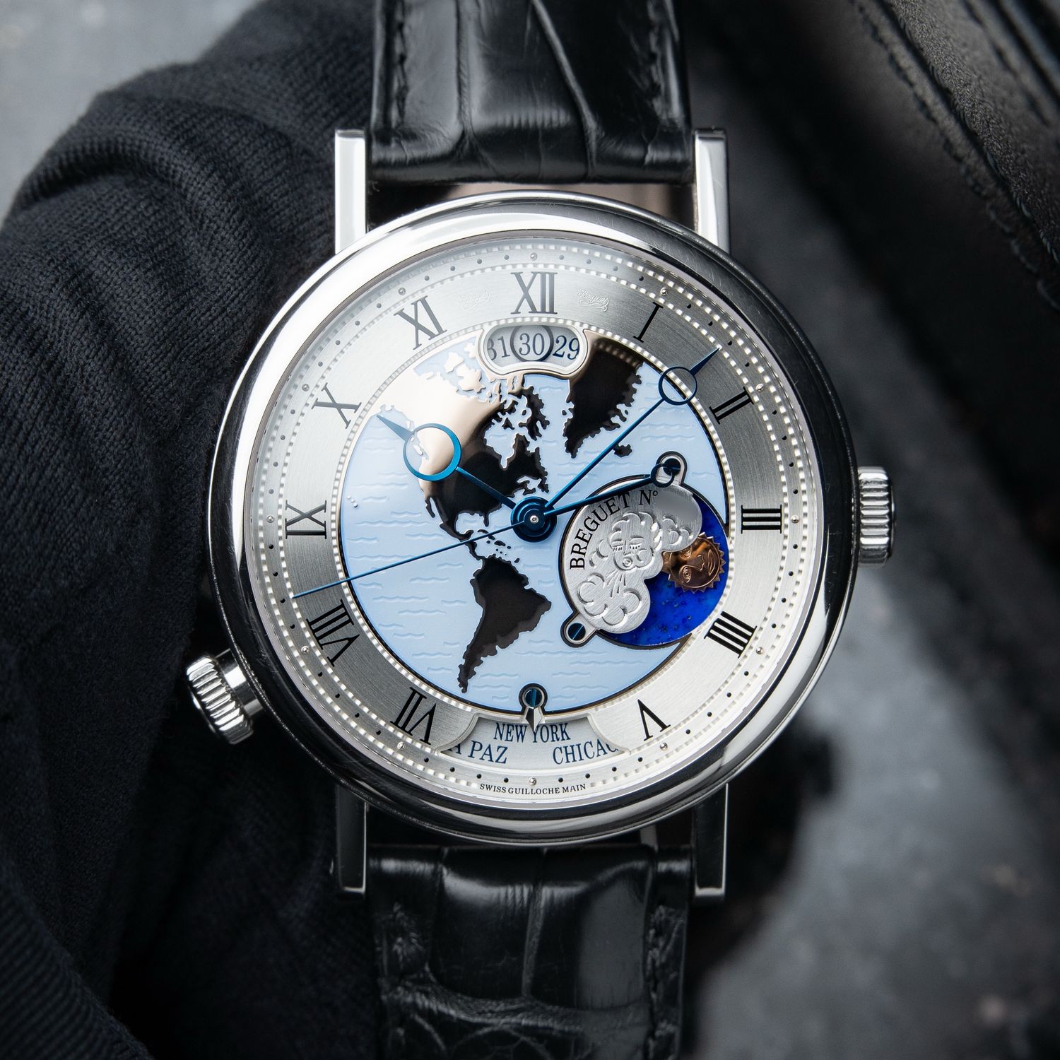 Breguet Classique 5717PT US Americas Hora Mundi World Time Platinum Blue