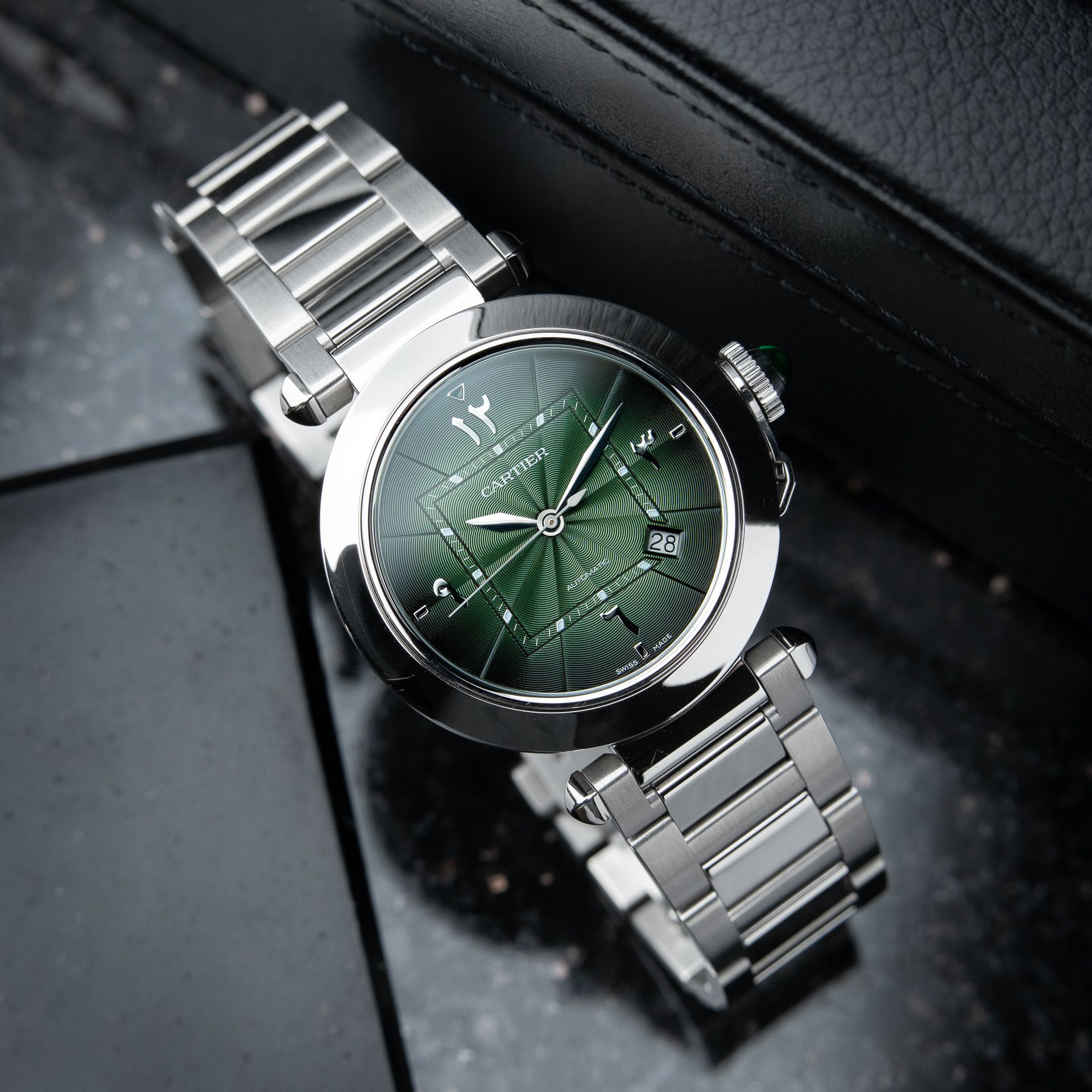 Cartier Pasha Green Arabic Dial Steel Bracelet Leather Strap Set Automatic