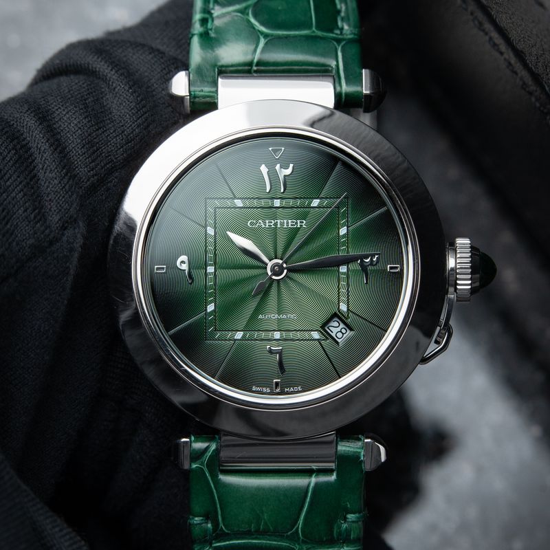 Cartier Pasha Green Arabic Dial Steel Bracelet Leather Strap Set Automatic