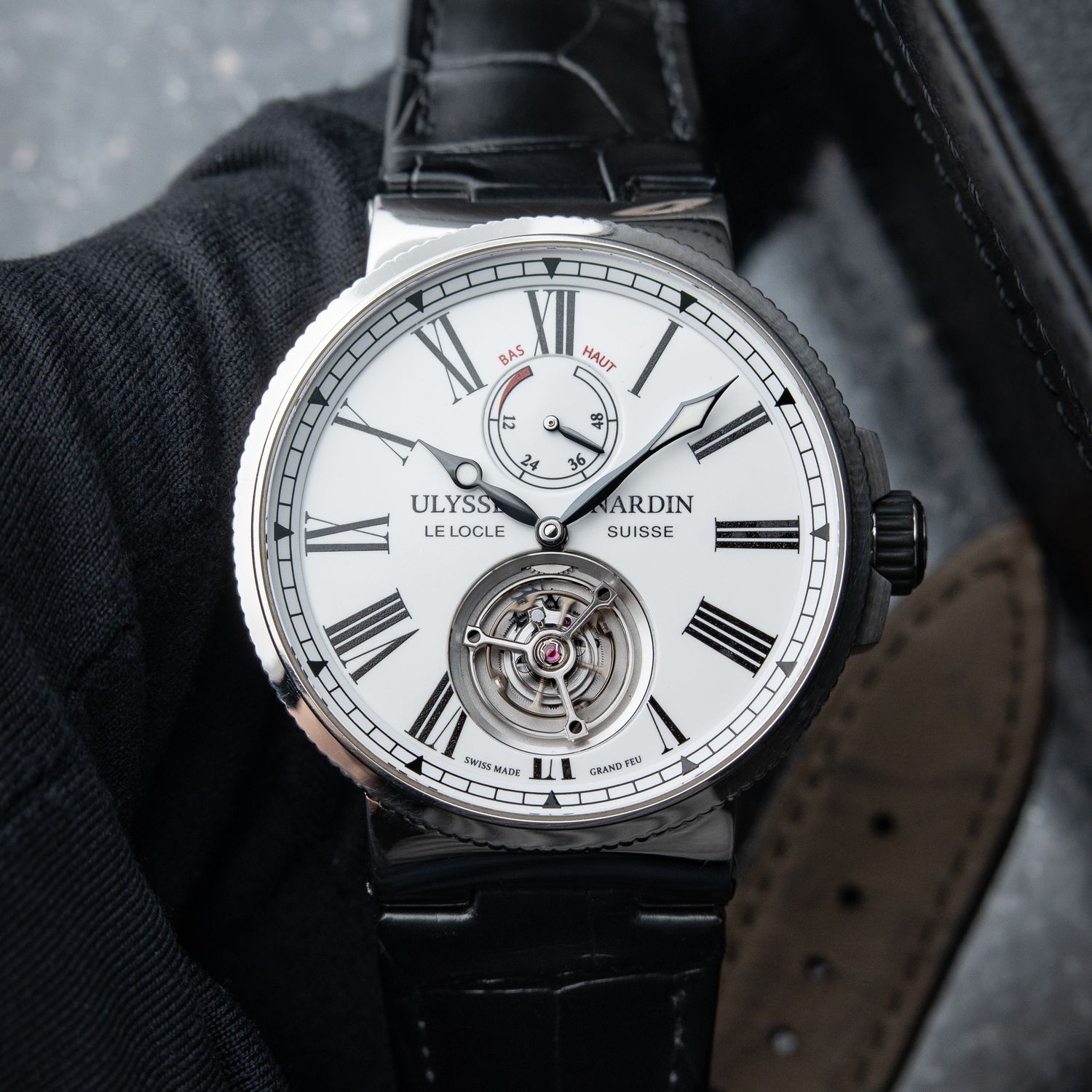 Ulysse Nardin Marine Flying Tourbillon White Enamel Dial Steel Leather 43