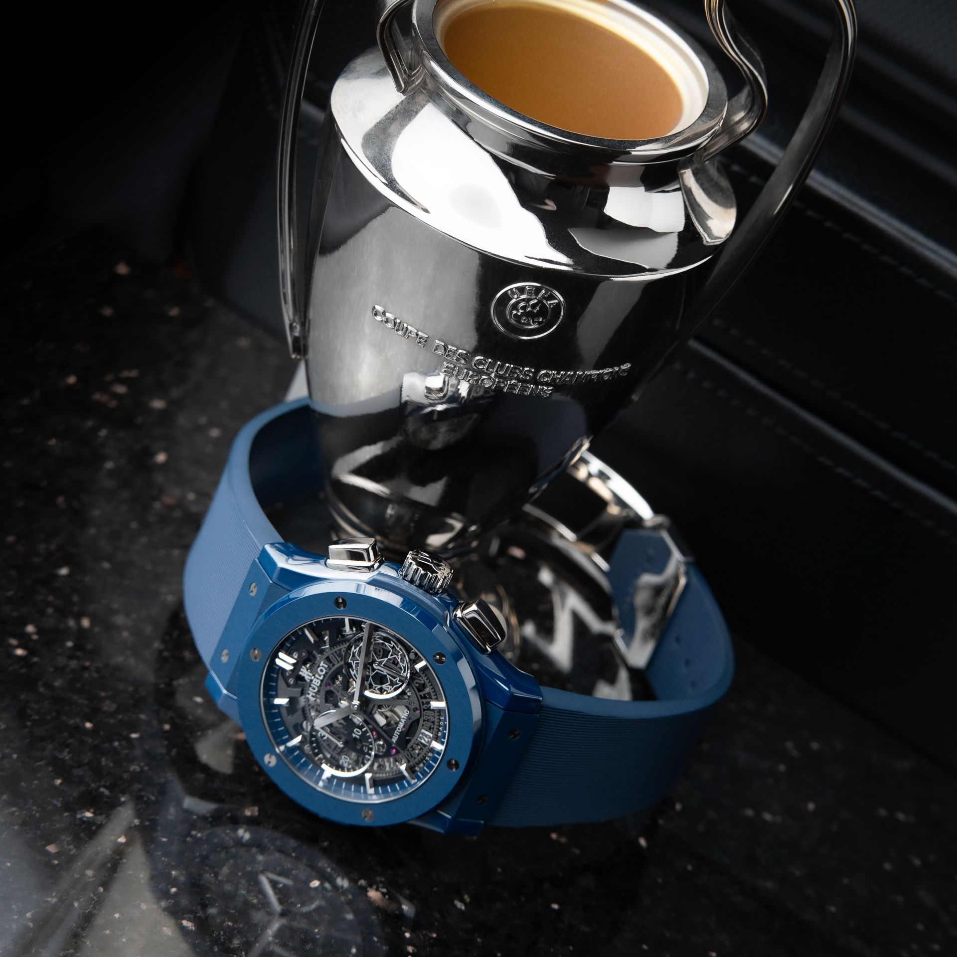 Hublot Classic Fusion Aerofusion UEFA Limited Edition Chronograph Blue Ceramic Skeleton Box and Papers