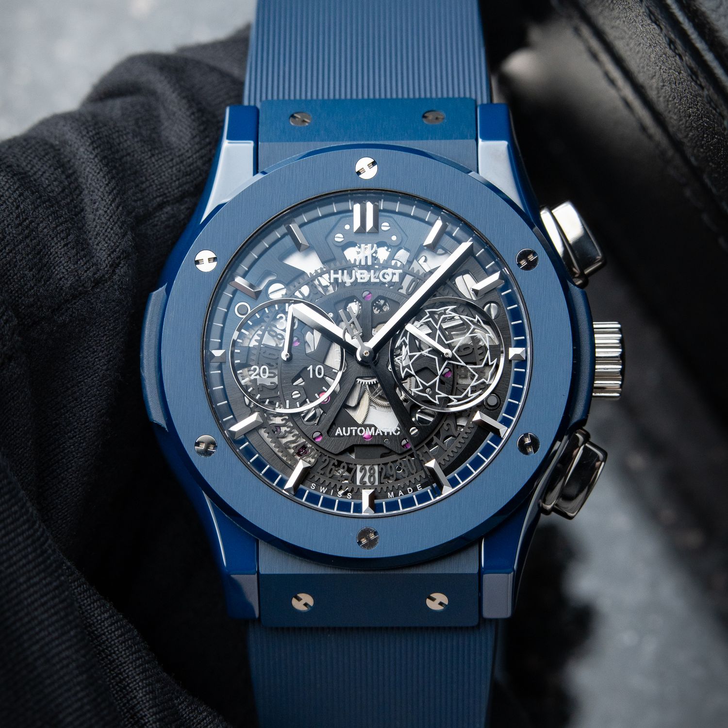 Hublot Classic Fusion Aerofusion UEFA Limited Edition Chronograph Blue Ceramic Skeleton Full Set