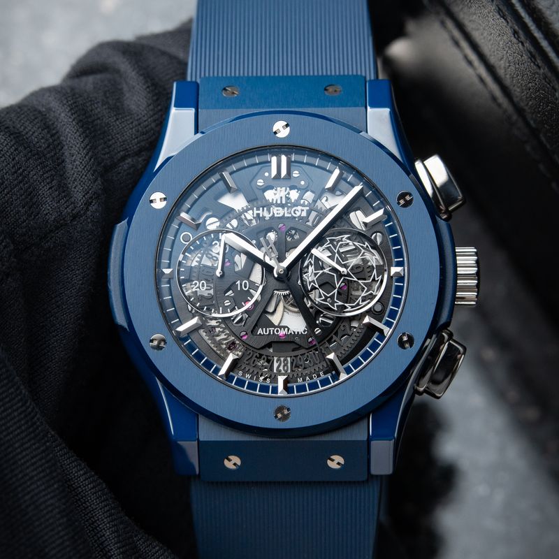 Hublot Classic Fusion Aerofusion UEFA Limited Edition Chronograph Blue Ceramic Skeleton Full Set