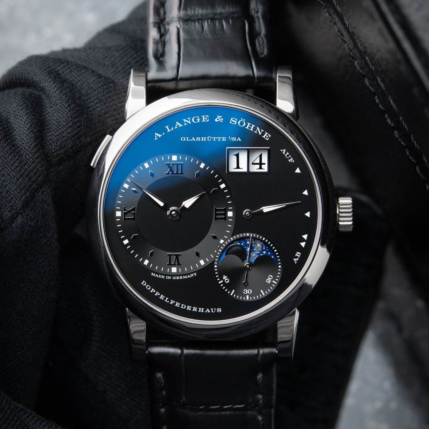 A. Lange & Söhne Lange 1 Moon Phase Outsize Date White Gold Black Dial 38.5