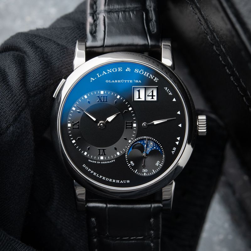A. Lange & Söhne Lange 1 Moon Phase Outsize Date White Gold Black Dial 38.5