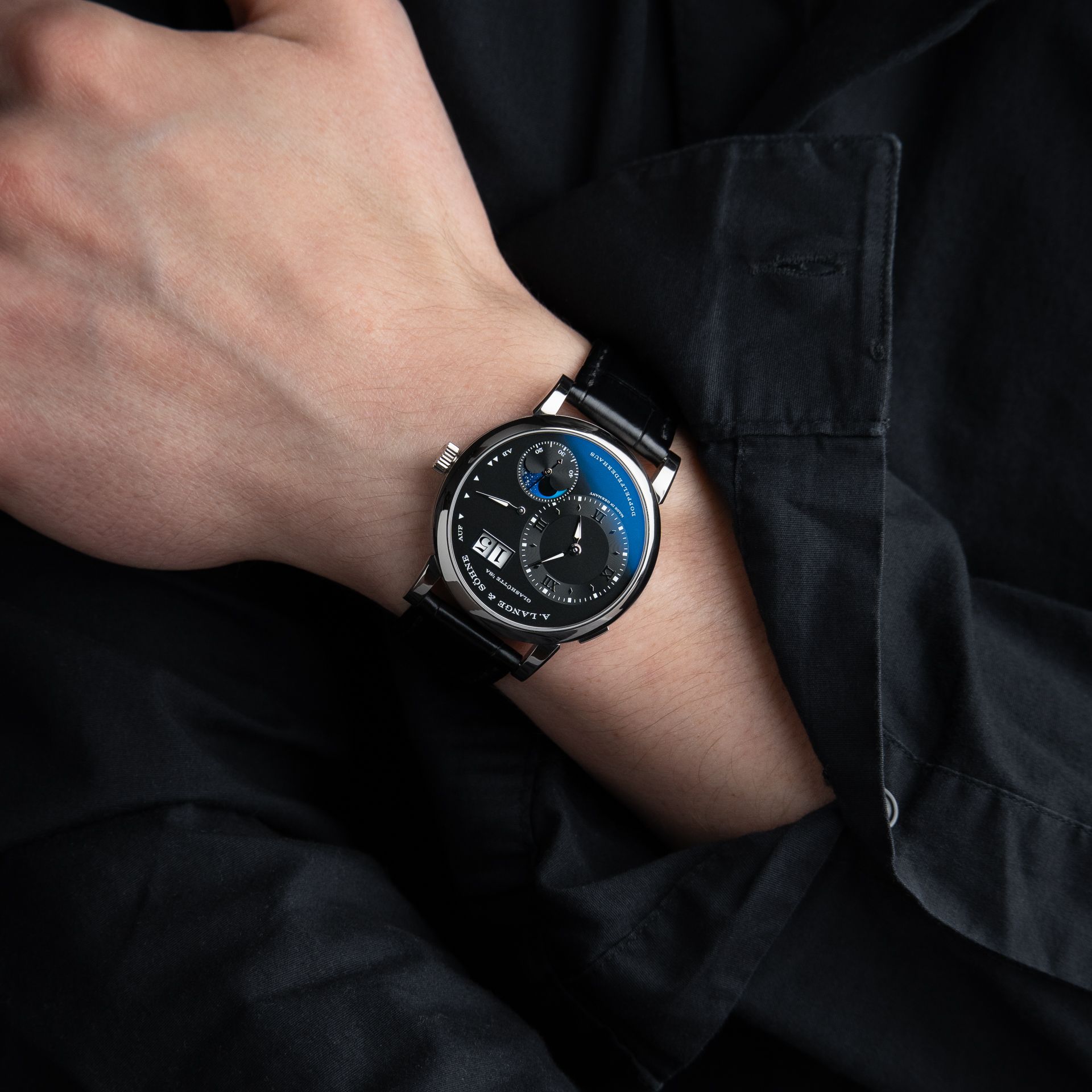 A. Lange & Söhne Lange 1 Moon Phase Outsize Date White Gold Black Dial 38.5