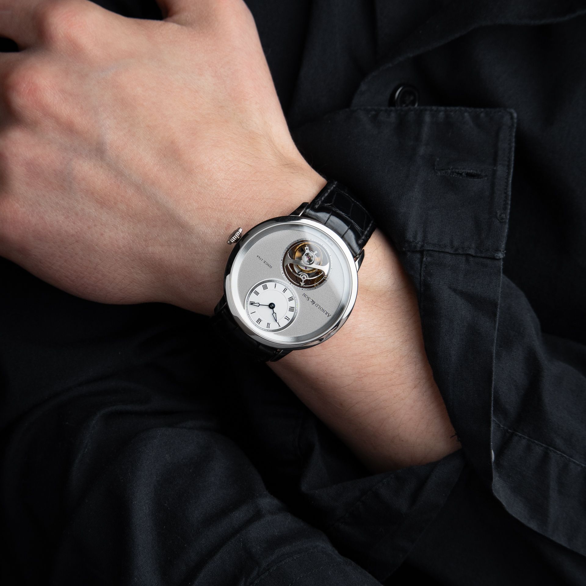 Arnold & Son UTTE Ultra Thin Tourbillon Palladium Silver Dial Leather 42 Papers