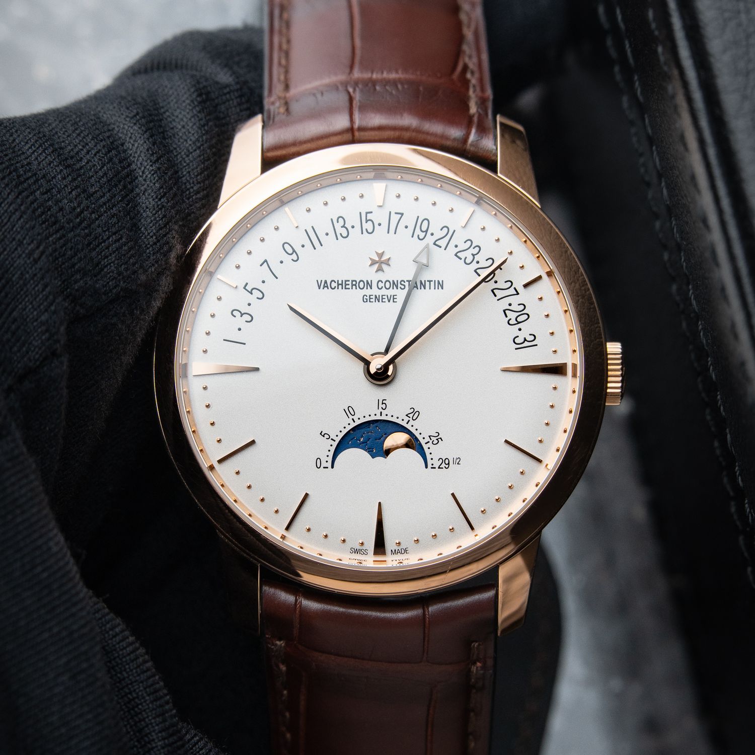 Vacheron Constantin Patrimony Moonphase Retrograde Date Rose Gold Silver Box and Papers 4010U Vacheron Constantin Patrimony Moonphase Retrograde Date Rose Gold Silver Box and Papers 4010U