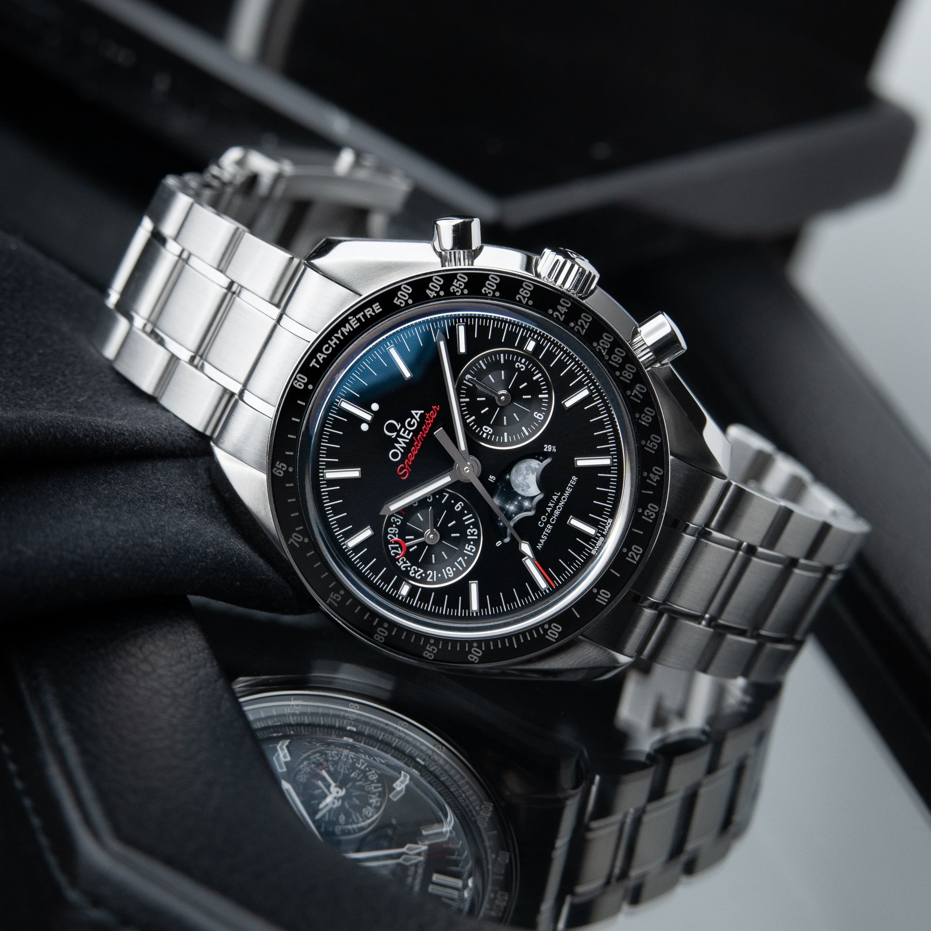 Omega Speedmaster Moonphase Chronograph Black Dial Steel Bracelet 44.25mm