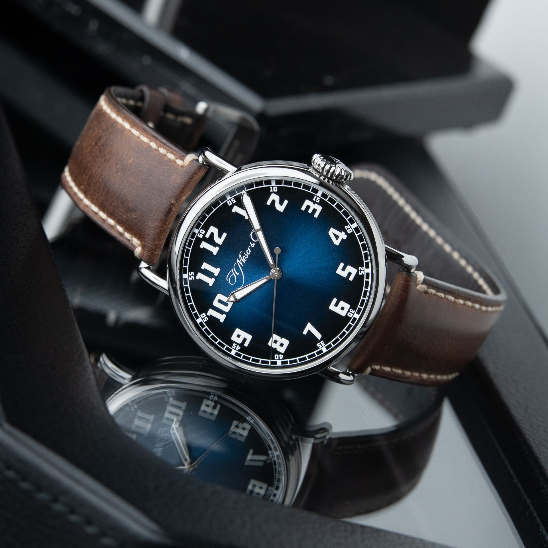 H.Moser & Cie. Heritage Centre Seconds Funky Blue Fume Dial Steel Leather