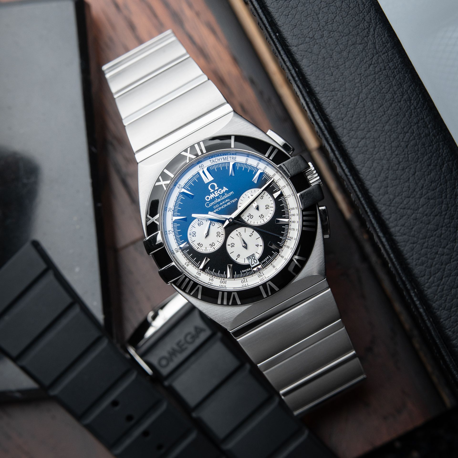 Omega Constellation Double Eagle Chronograph Steel Bracelet + Strap Black