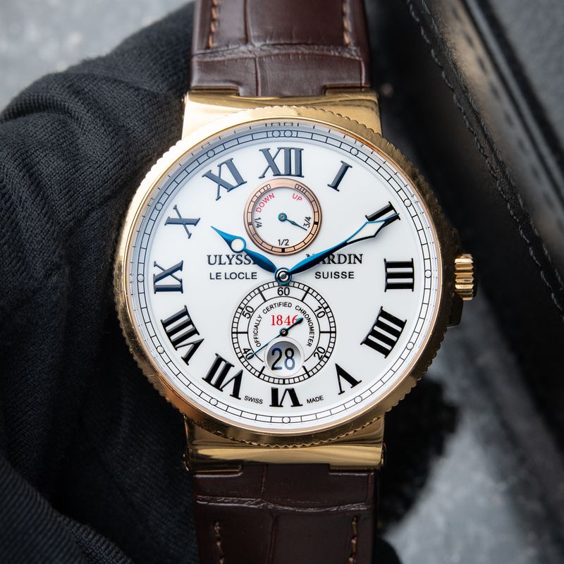 Ulysse Nardin Maxi Marine Chronometer 200M Rose Gold White Dial Leather 43