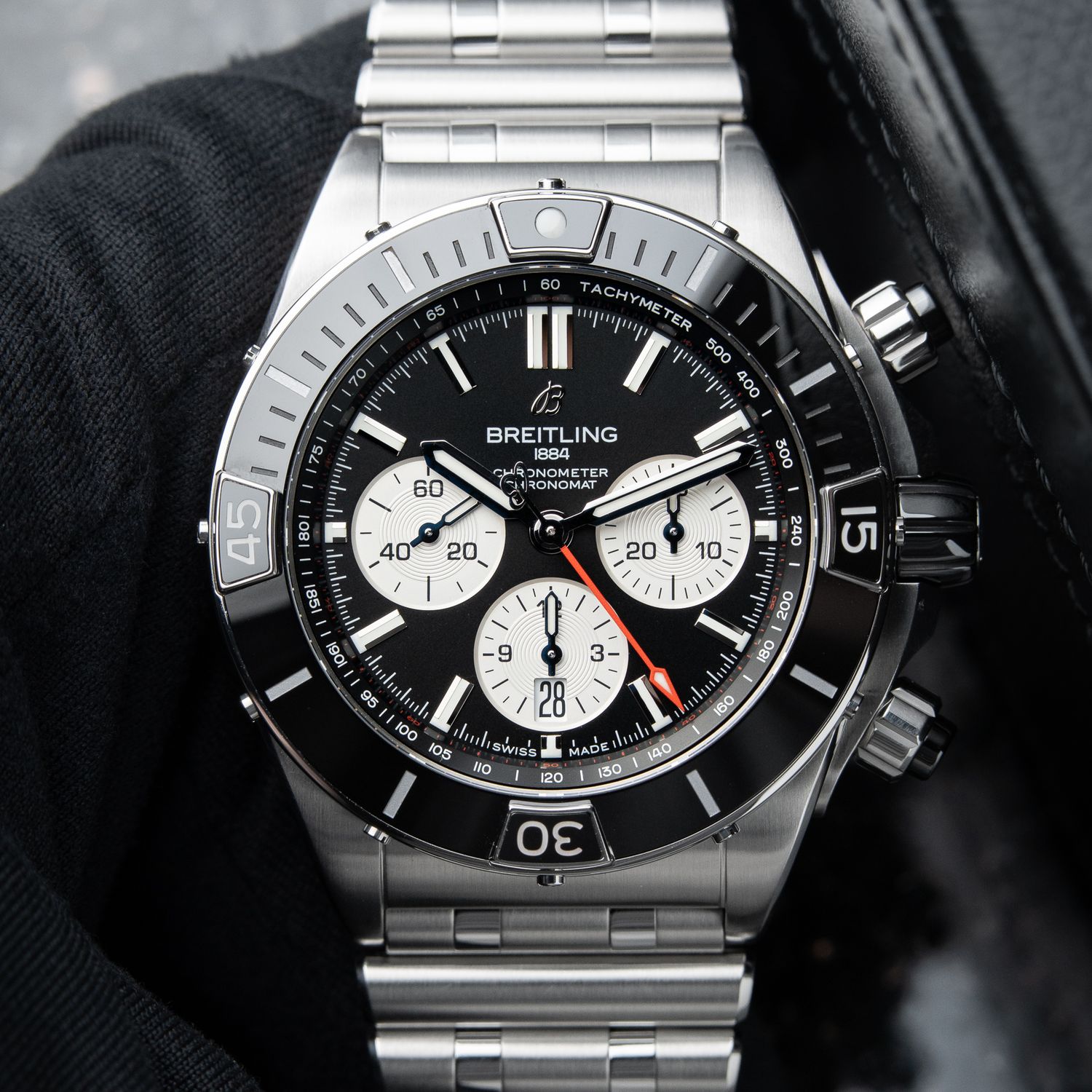 Breitling Super Chronomat B01 44 SERVICED Chronograph Black Steel Bracelet