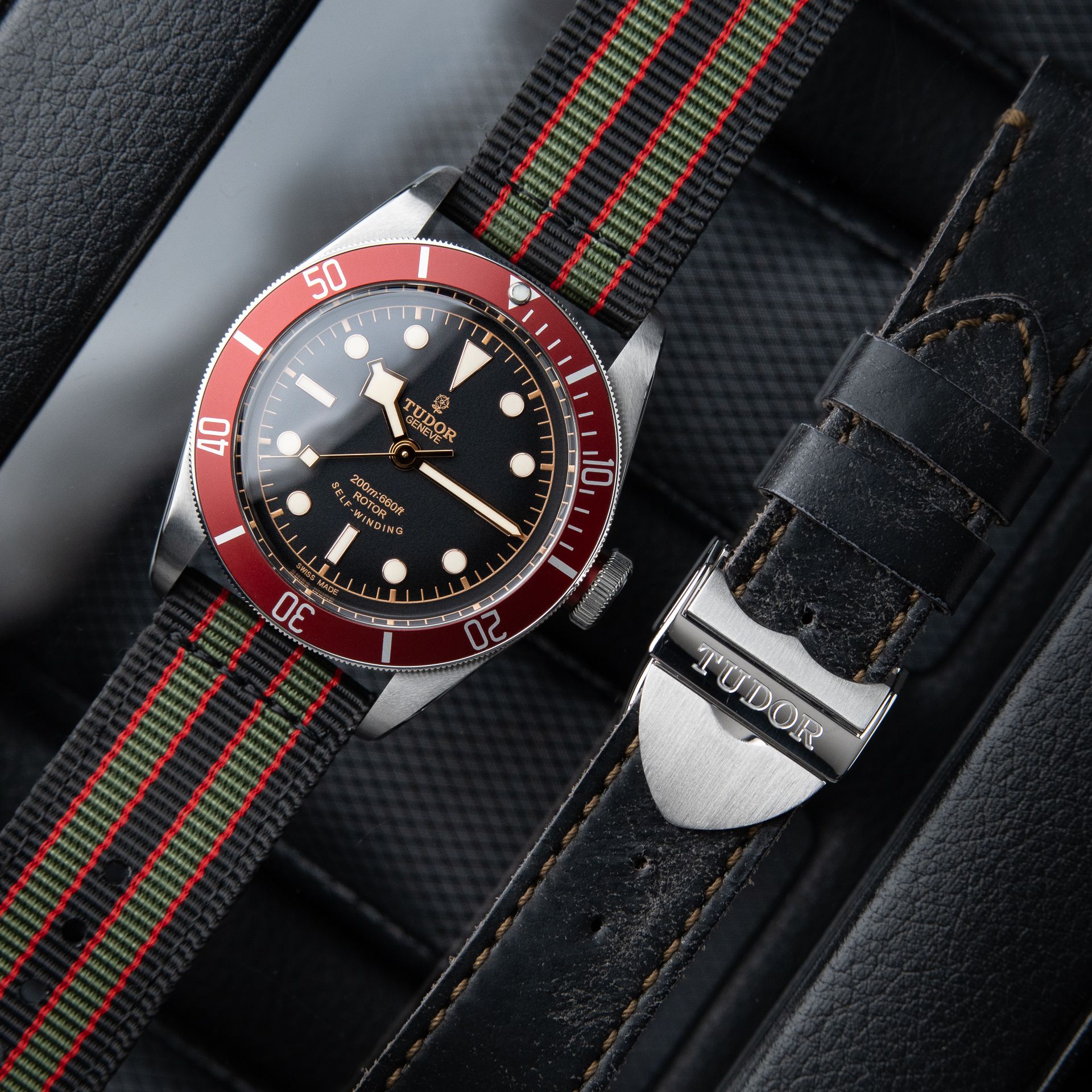 Tudor Heritage Black Bay STRAPS Black Dial Red Aluminum Bezel Automatic 41