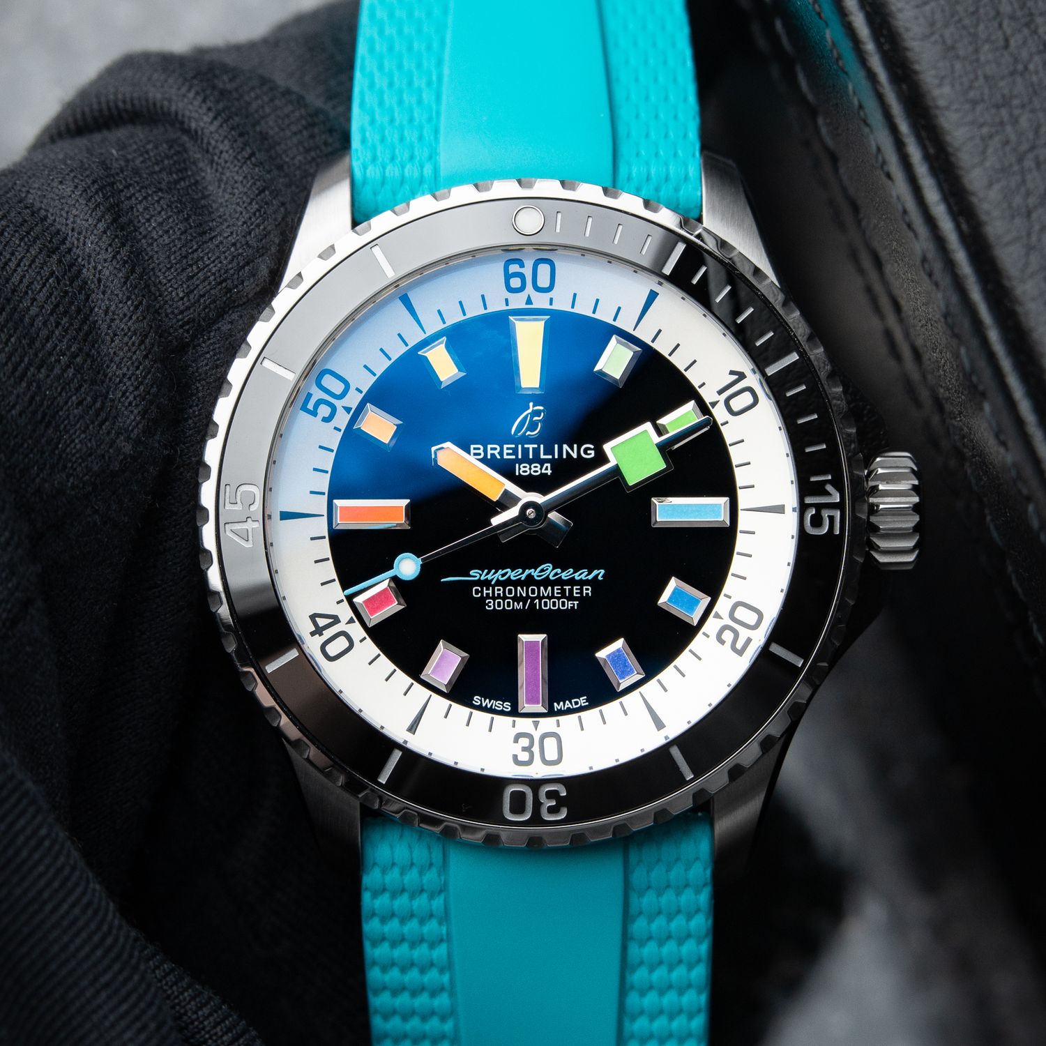 Breitling Superocean Automatic 42 300M Rainbow Black Dial Steel Turquoise
