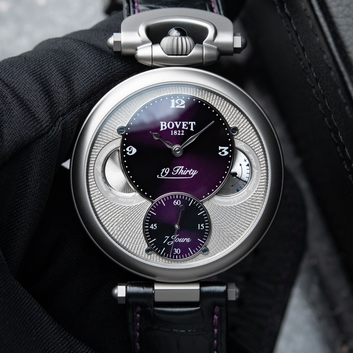 Bovet 19Thirty Fleurier RARE CLEAN Purple Dial Titanium 7 Days 42mm Set