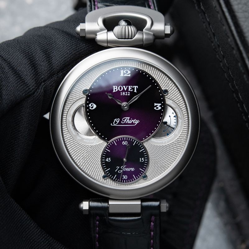Bovet 19Thirty Fleurier RARE CLEAN Purple Dial Titanium 7 Days 42mm Set