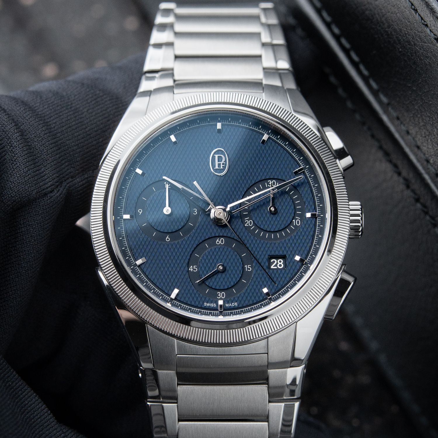 Parmigiani Fleurier Tonda PF UNWORN 4/2024 Milano Blue Chronograph Platinum Bezel Steel Bracelet Parmigiani Fleurier Tonda PF UNWORN 4/2024 Milano Blue Chronograph Platinum Bezel Steel Bracelet