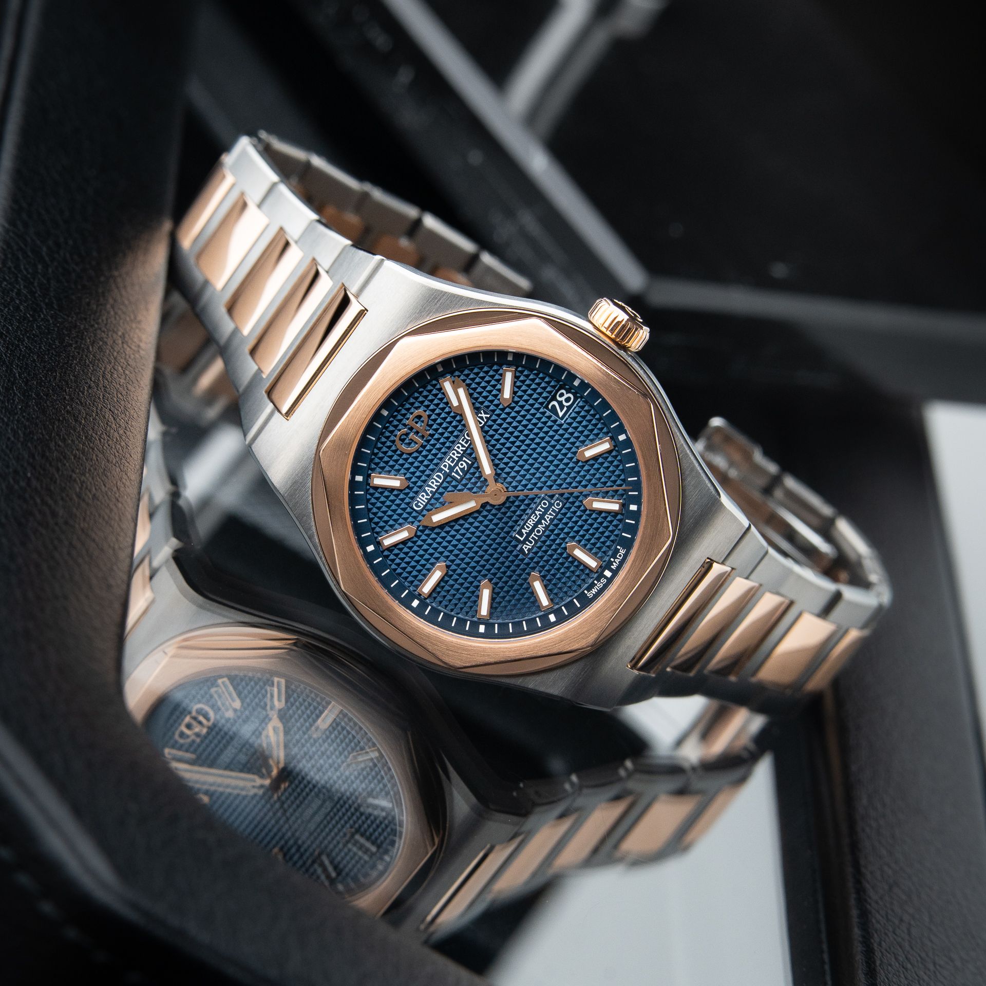 Girard Perregaux Laureato Two Tone Blue Dial Rose Gold Titanium Bracelet 81010