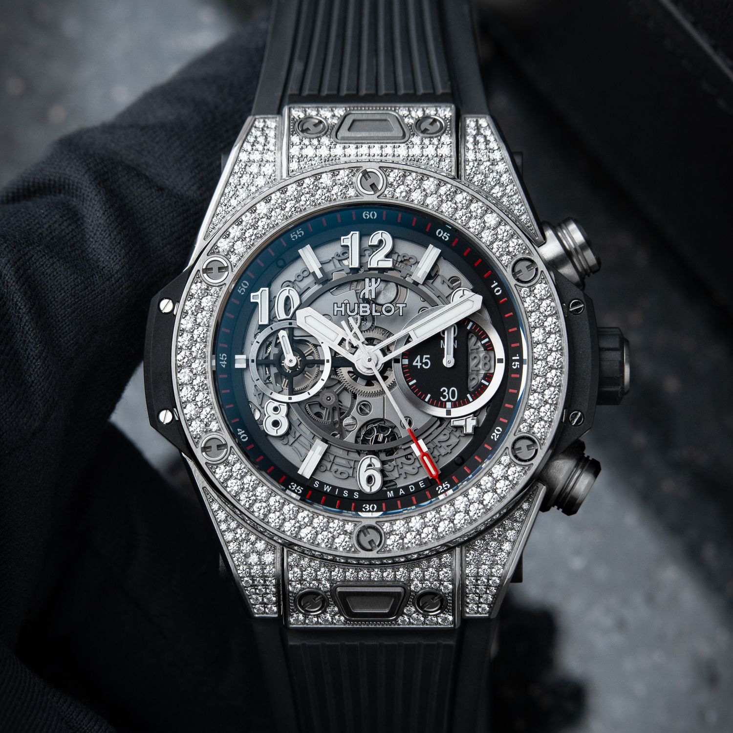 Hublot Big Bang Unico Pavé Openworked Diamonds Titanium Chronograph Set Hublot Big Bang Unico Pavé Openworked Diamonds Titanium Chronograph Set