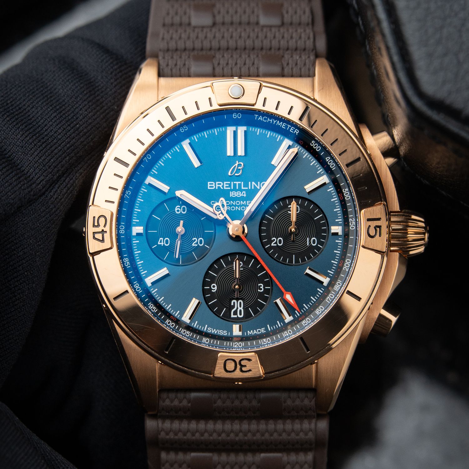 Breitling Super Chronomat B01 42 Super Bowl LVIII Limited Edition Rose Gold Blue Chronograph