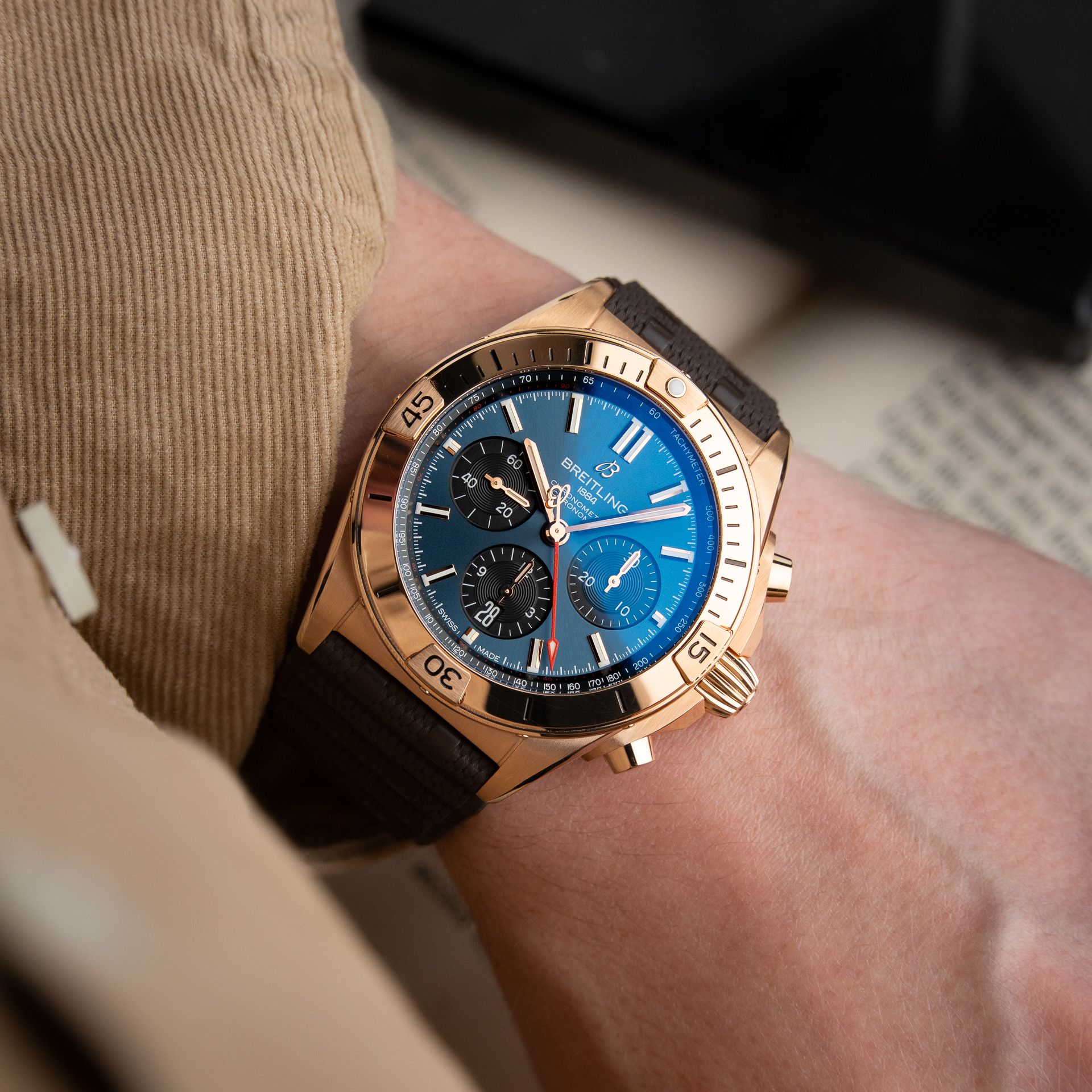 Breitling Super Chronomat B01 42 Super Bowl LVIII Limited Edition Rose Gold Blue Chronograph