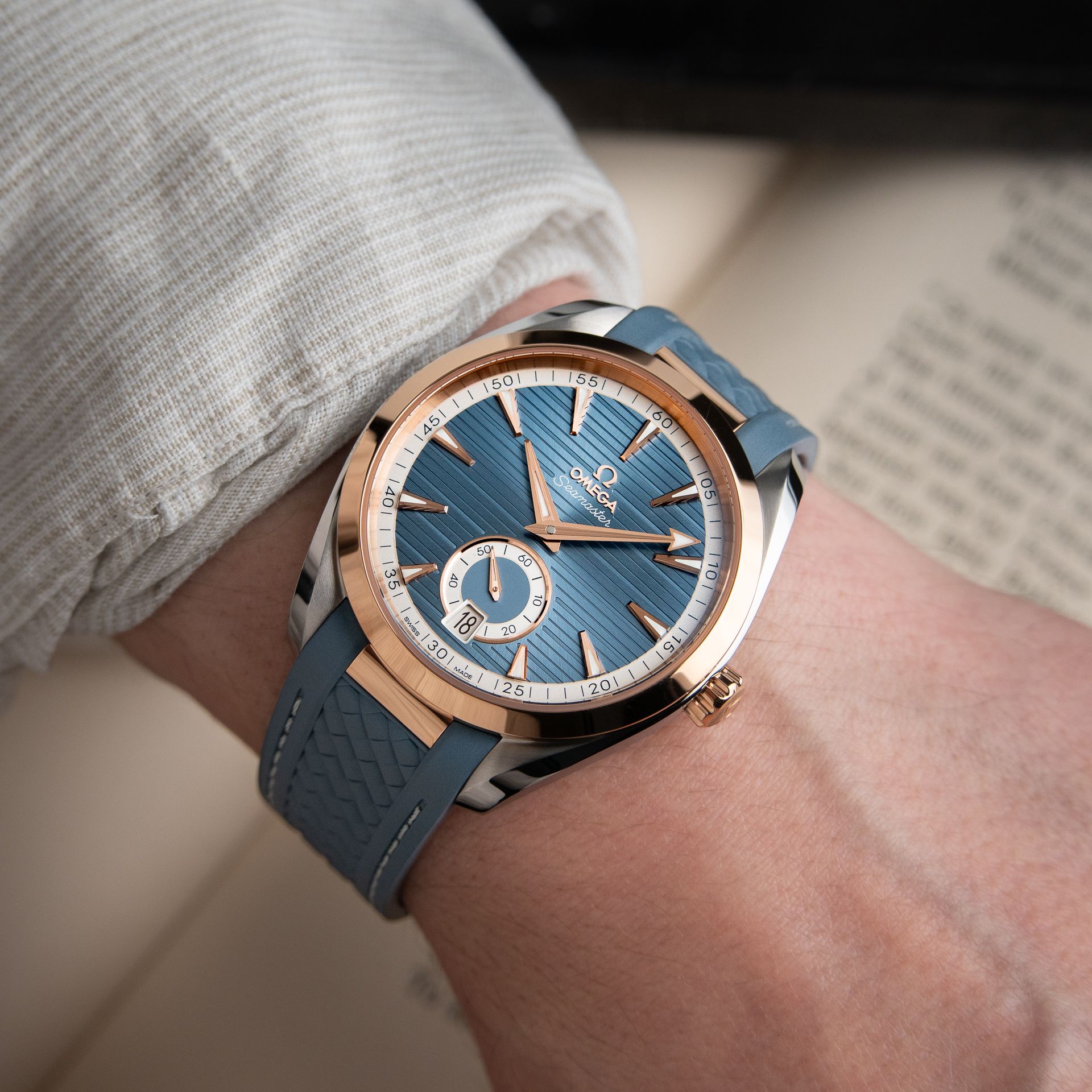 Omega Seamaster Aqua Terra 150M 8/2025 Two Tone Rose Gold Steel Blue Dial