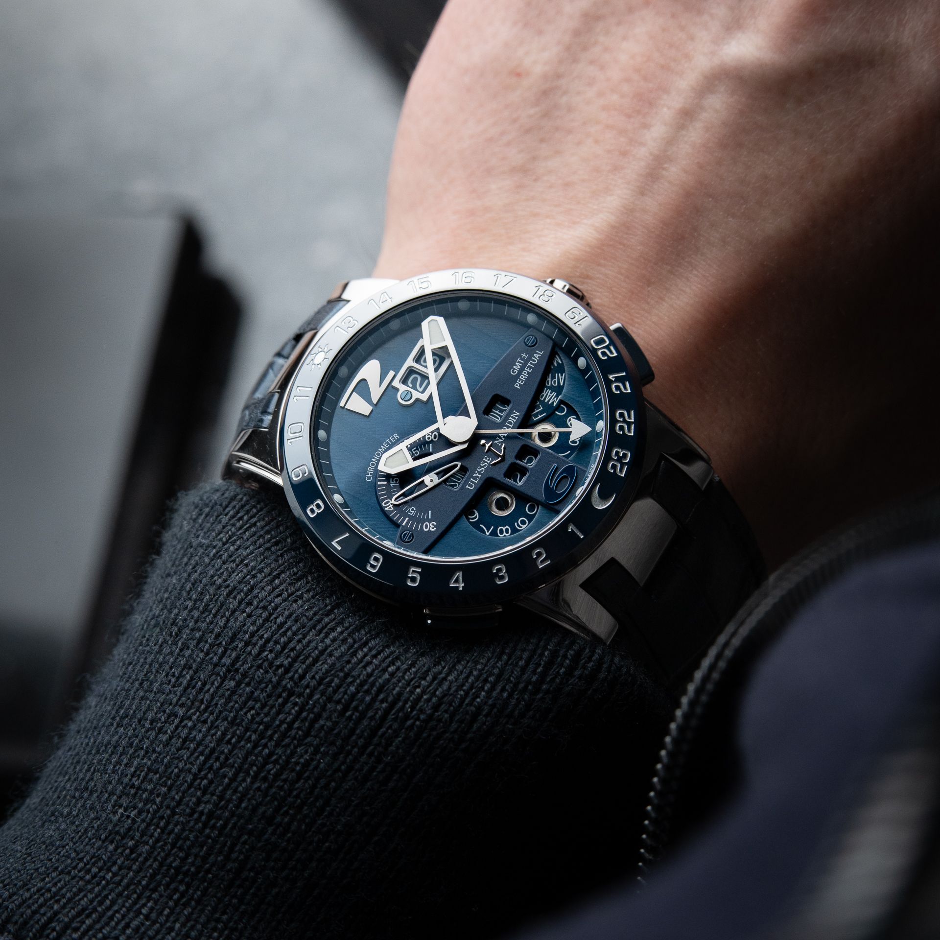 Ulysse Nardin El Toro Perpetual Calendar GMT Blue Dial Bezel White Gold 43