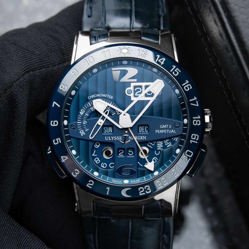 Ulysse Nardin El Toro Perpetual Calendar GMT Blue Dial Bezel White Gold 43