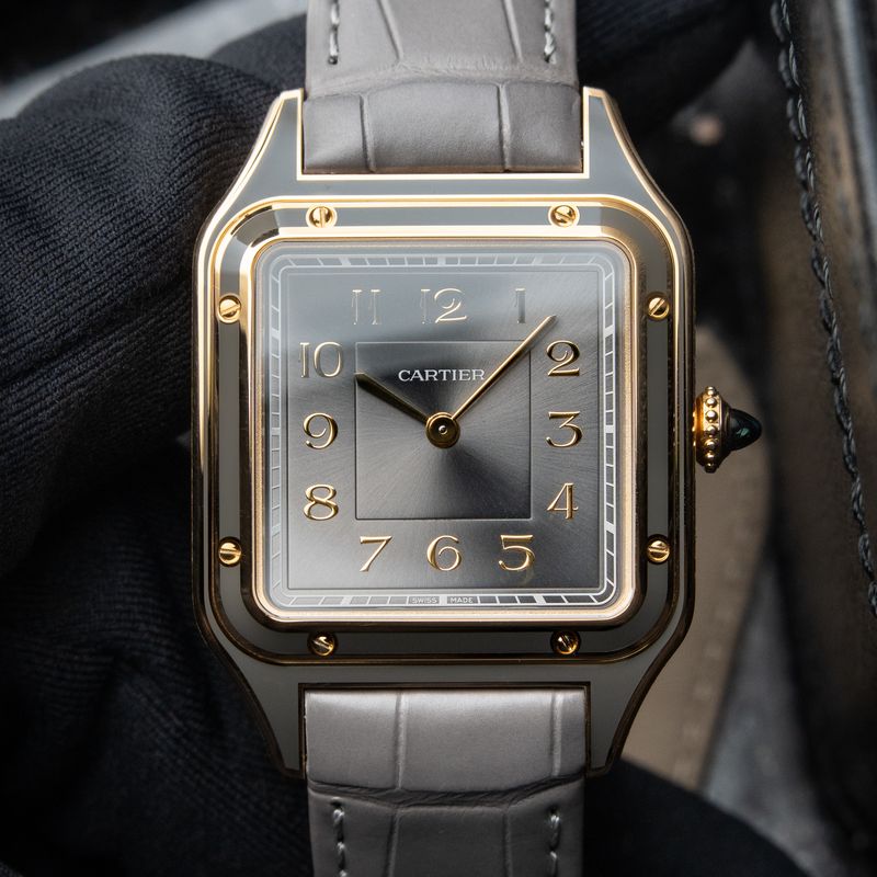 Cartier Santos Dumont UNWORN 6/2025 Large Model Yellow Gold Grey Lacquer Sunburst