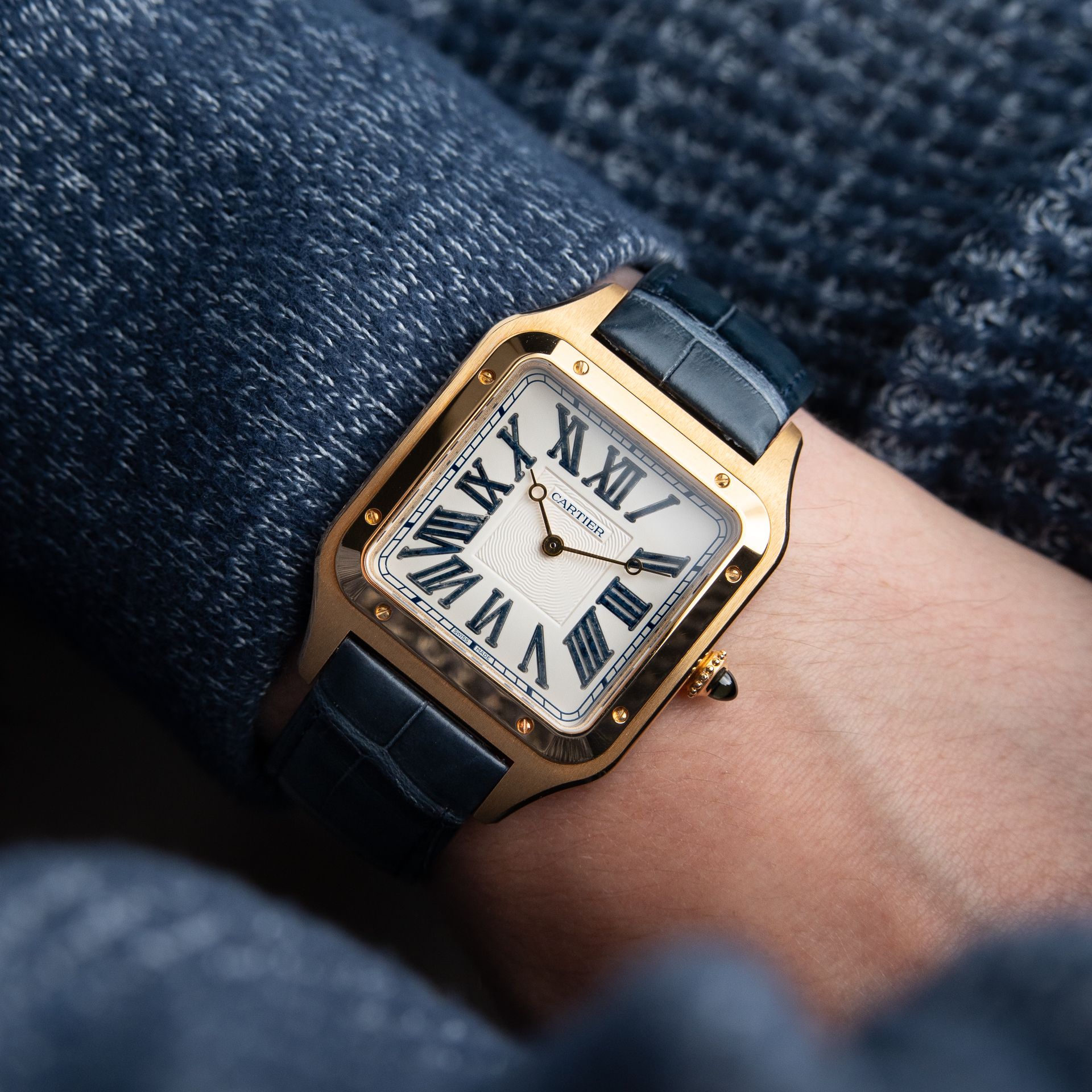 Cartier Santos Dumont CLEAN 6/2024 XL Model Yellow Gold Blue Stone Numerals