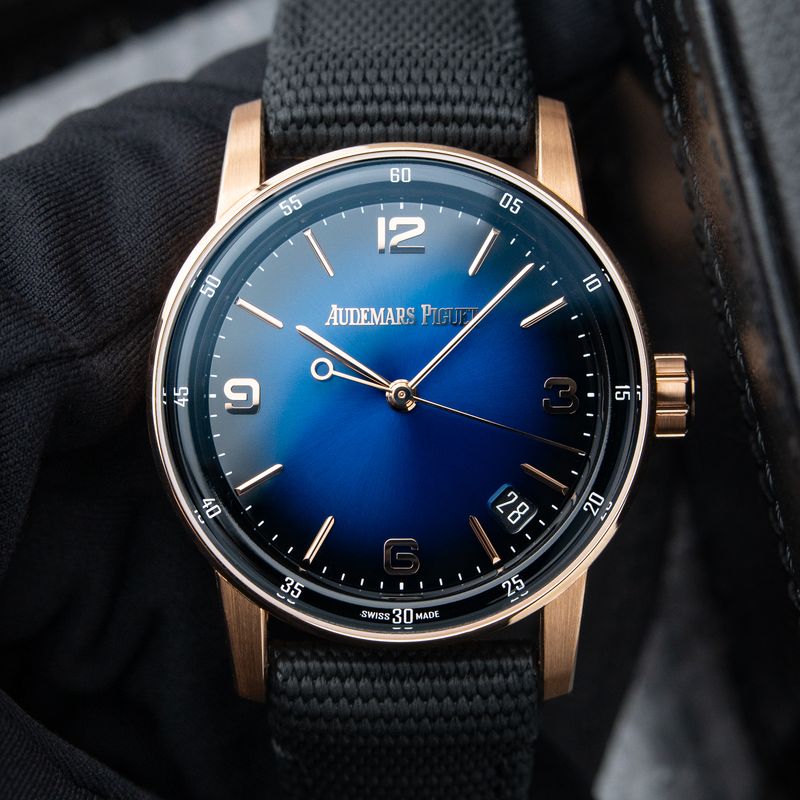 Audemars Piguet Code 11.59 AP SERVICED Lacquered Blue Dial Strap Rose Gold