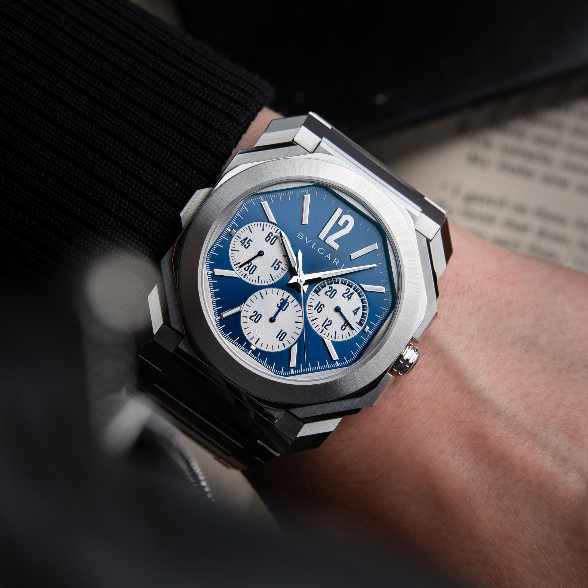 BVLGARI Octo Finissimo Chronograph GMT Blue Steel Bracelet Bulgari 43mm