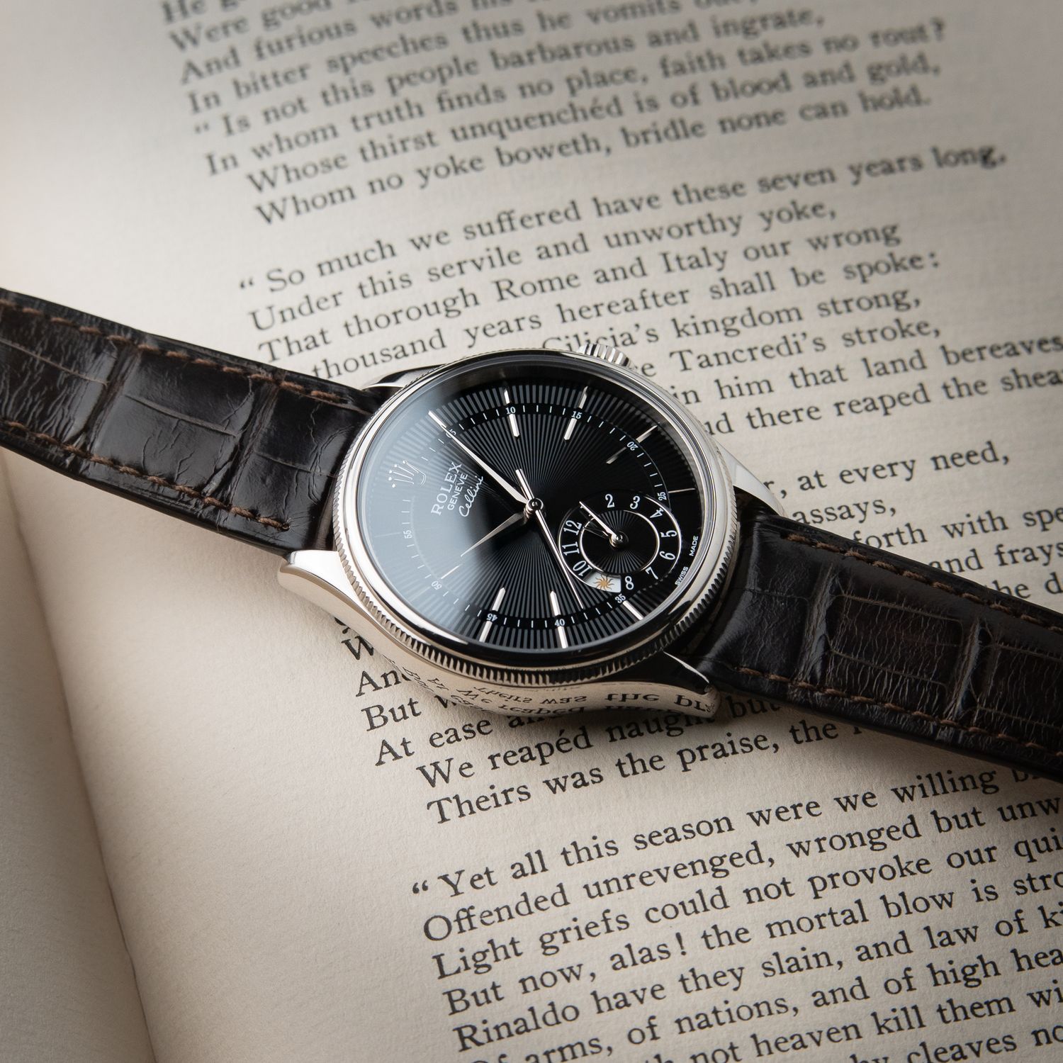 Rolex Cellini Dual Time White Gold Black Guilloche Dial Leather