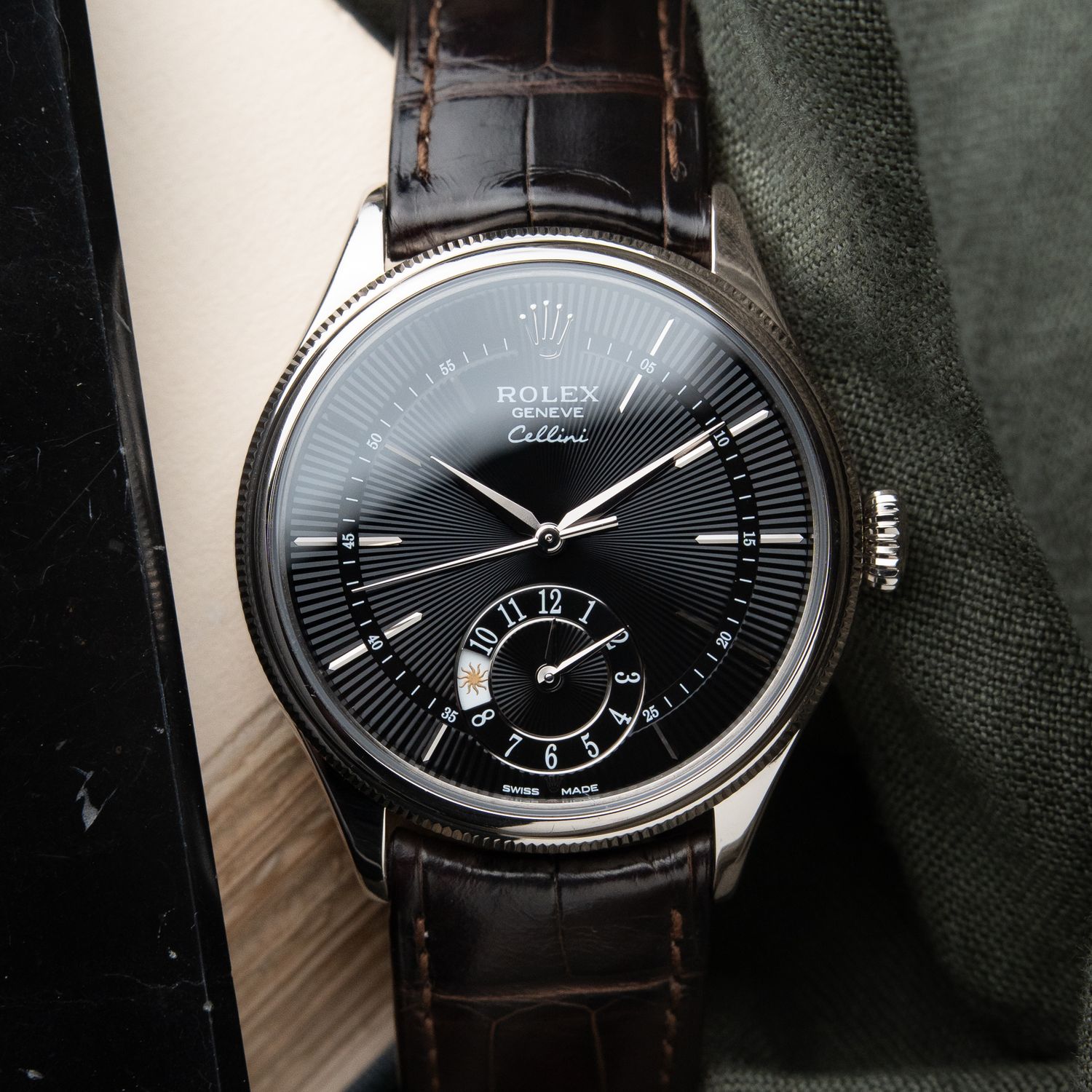 Rolex Cellini Dual Time White Gold Black Guilloche Dial Leather Strap 39mm Rolex Cellini Dual Time White Gold Black Guilloche Dial Leather Strap 39mm
